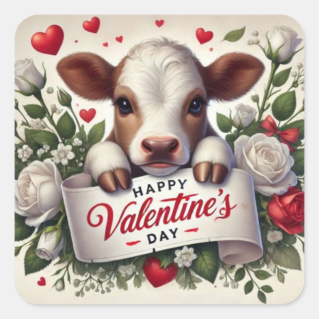 Pegatina Cuadrada El día de San Valentín Calf con arreglo floral (Anverso)