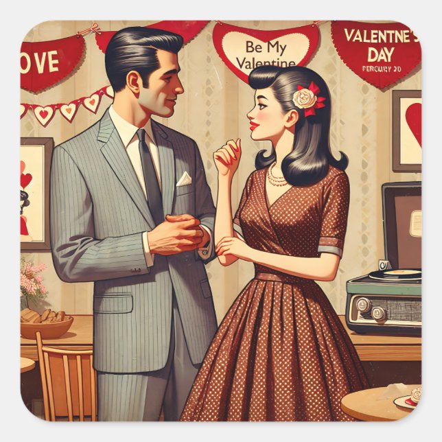 Pegatina Cuadrada El día de San Valentín Cute Retro Pareja (Anverso)