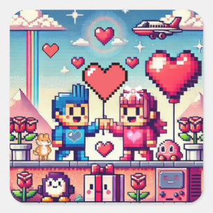 Pegatina Cuadrada El día de San Valentín de 8 bits de gamer