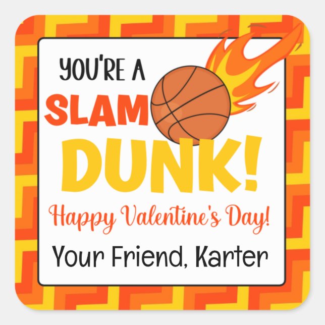 Pegatina Cuadrada El día de San Valentín de baloncesto personalizado (Anverso)