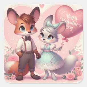 Pegatina Cuadrada El día de San Valentín de zorros de personalizado 