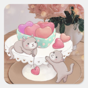 Pegatina Cuadrada El día de San Valentín: Gatos, Cookies del Corazón
