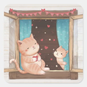 Pegatina Cuadrada El día de San Valentín: Ilustracion de gatos y cor