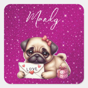 Pegatina Cuadrada El día de San Valentín Pug Personalizado Pug Puppy