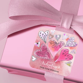 Pegatina Cuadrada El día de San Valentín Romántico Doodle Watercolor