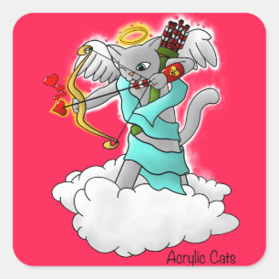 Pegatina Cuadrada El día de San Valentín Smokey Gray Cupido Cat