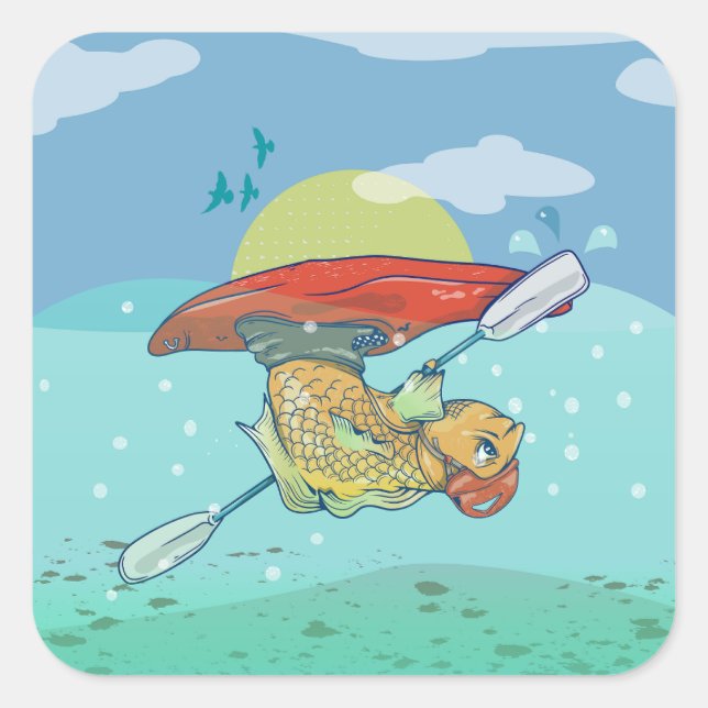 Pegatina Cuadrada El divertido kayak de pescado (Anverso)