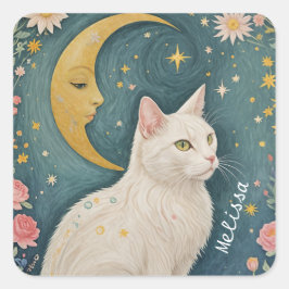 Pegatina Cuadrada El encantador gato blanco con ojos verdes