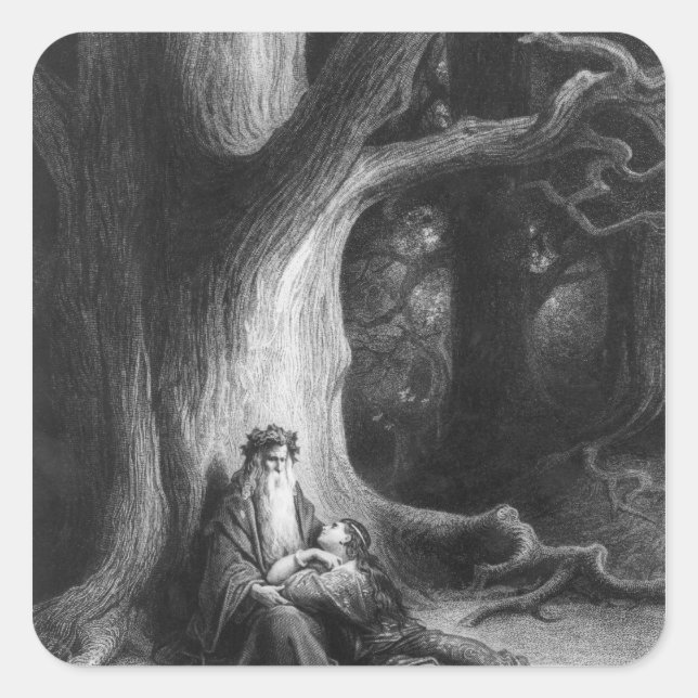 Pegatina Cuadrada El encantador Merlin y el Hada Vivien (Anverso)
