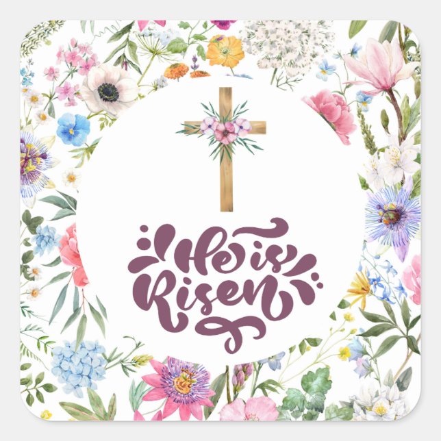 Pegatina Cuadrada Él es Risen | Pascua Floral | Religioso (Anverso)