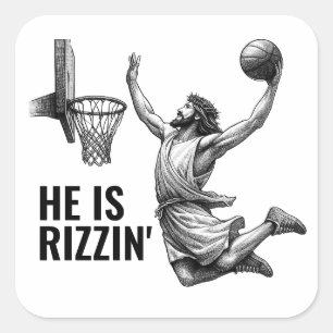 Pegatina Cuadrada Él es Rizzin - Jesús baloncesto Jesús divertido Me