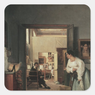 Pegatina Cuadrada El estudio de Ingres en Roma, 1818