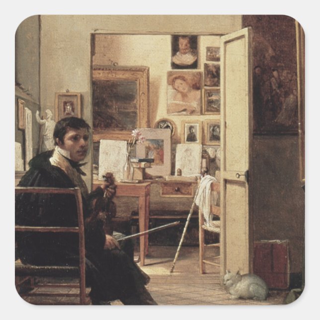 Pegatina Cuadrada El estudio de Ingres en Roma, 1818 (Anverso)