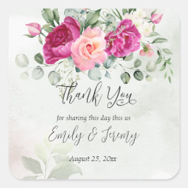 Pegatina Cuadrada El eucalipto verde magenta rosas de peones favorec