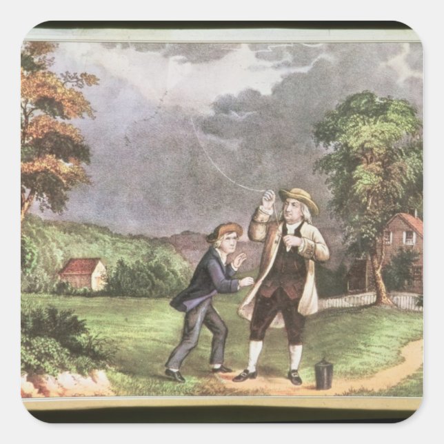 Pegatina Cuadrada El experimento de Franklin en electricidad (Anverso)