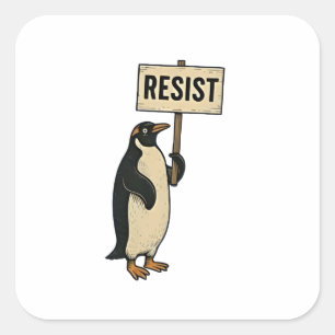Pegatina Cuadrada El extraño pingüino resiste la protesta contra los