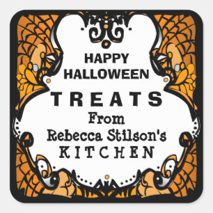 Pegatina Cuadrada El feliz Halloween trata personalizado negro y