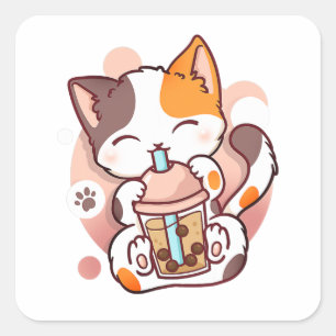 Pegatina Cuadrada El gato Boba Tea Bubble Tea Anime Kawaii Neko para