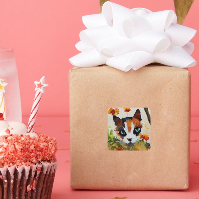 Pegatina Cuadrada El gato calico en el jardín (Fiesta)