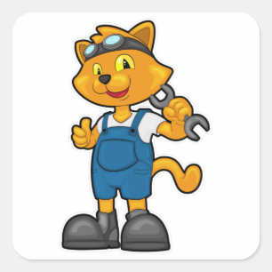 Pegatina Cuadrada El gato como mecánico con el español