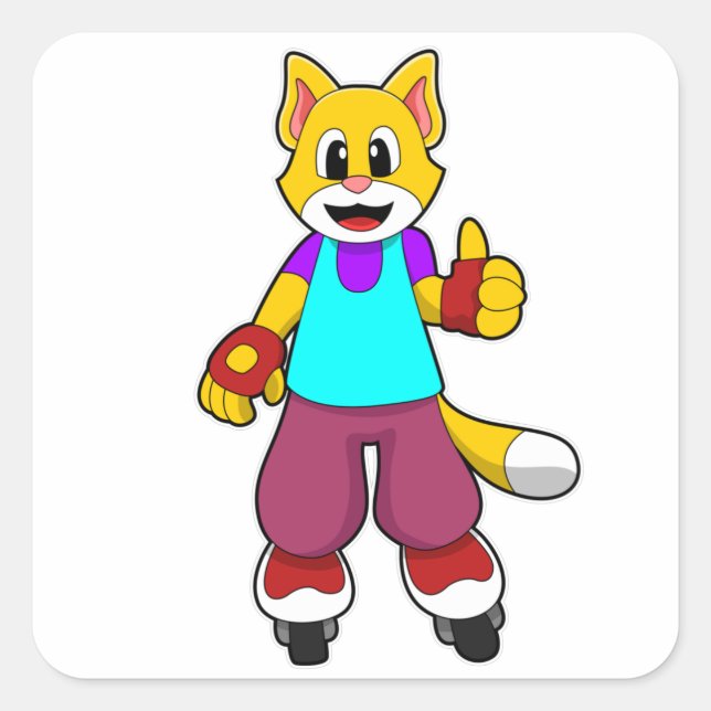 Pegatina Cuadrada El gato como patinador con patines en línea (Anverso)