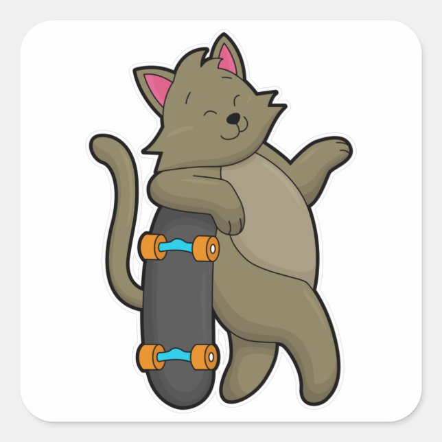 Pegatina Cuadrada El gato como patinador con patineta (Anverso)