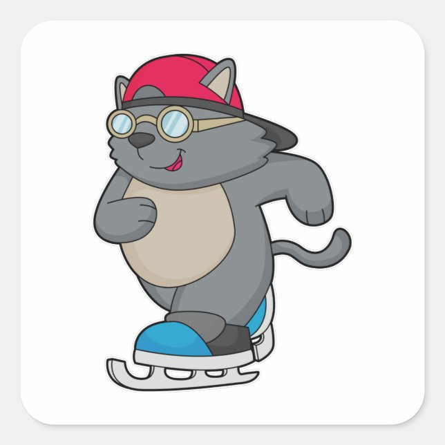 Pegatina Cuadrada El gato como patinador de hielo con patines de hie (Anverso)