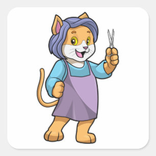 Pegatina Cuadrada El gato como peluquero con tijeras