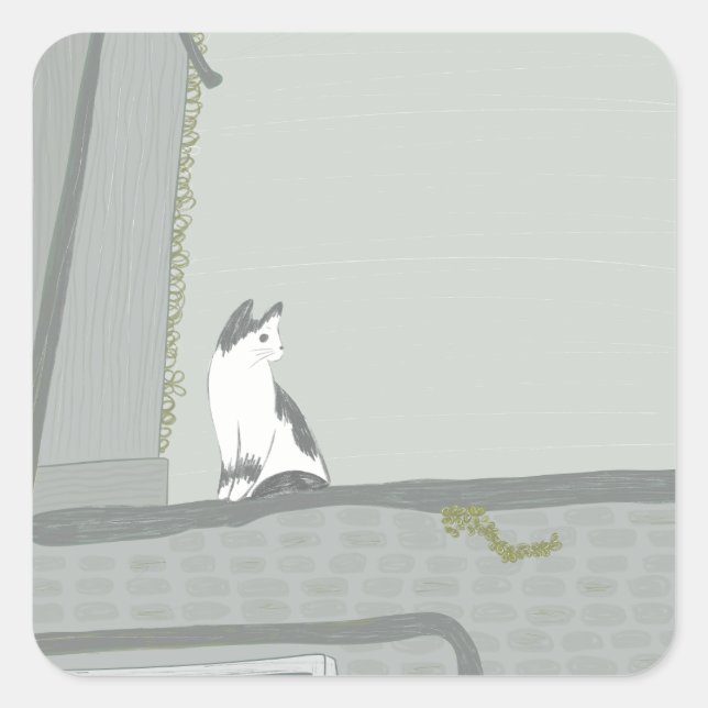 Pegatina Cuadrada El gato en la cerca (Anverso)