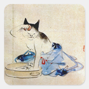 Pegatina Cuadrada El gato lava su cuerpo, Utagawa Hiroshige