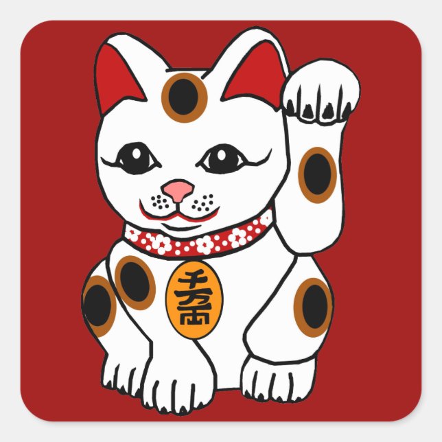 Pegatina Cuadrada El gato Maneki Neko sobre fondo rojo (Anverso)