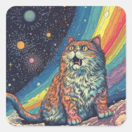Pegatina Cuadrada El gato mee en el espacio con arcoiris