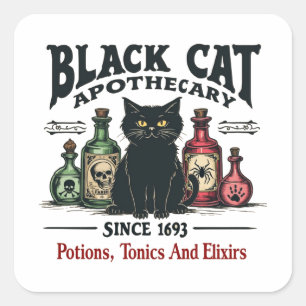 Pegatina Cuadrada El gato negro retro aterrador apothecary Wicca