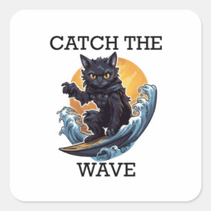 Pegatina Cuadrada El Gato Negro Surfing Atrapa La Ola