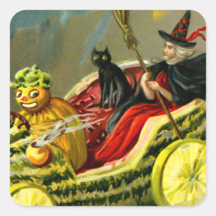 Pegatina Cuadrada El gato negro y la bruja de Halloween