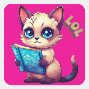 Pegatina Cuadrada El gato personalizado de Kawaii leyendo un libro