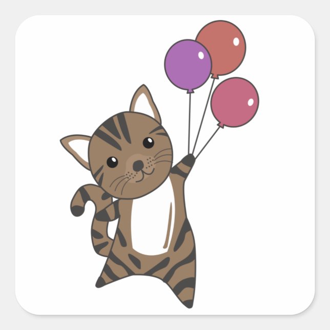 Pegatina Cuadrada El gato vuela con globos coloridos (Anverso)