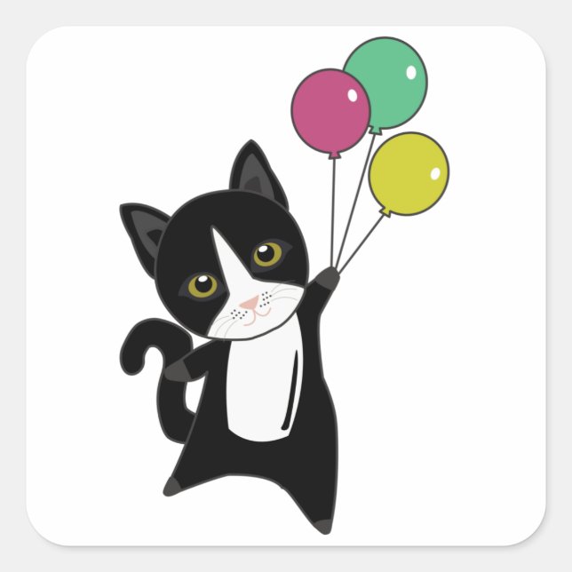Pegatina Cuadrada El gato vuela con globos coloridos (Anverso)