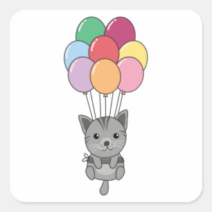 Pegatina Cuadrada El gato vuela con globos coloridos