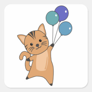 Pegatina Cuadrada El gato vuela con globos coloridos