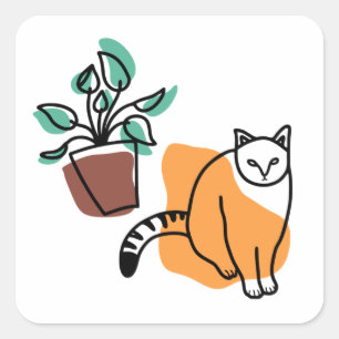 Pegatina Cuadrada El gato y la planta