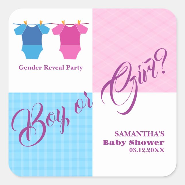 Pegatina Cuadrada ¿El género revela al niño o Chica de Baby Shower?  (Anverso)