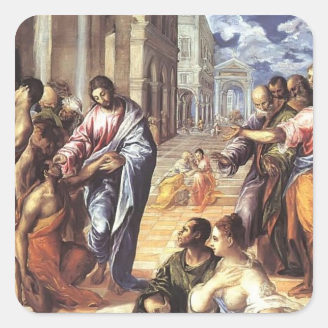 Pegatina Cuadrada El Greco- Cristo sanando a los ciegos (Anverso)