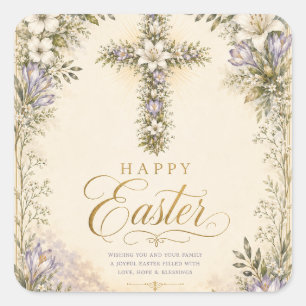 Pegatina Cuadrada Él ha resucitado Pascua, Cruz floral elegante cris