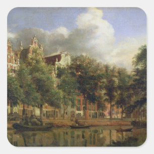 Pegatina Cuadrada El Herengracht, Amsterdam (aceite en el panel)