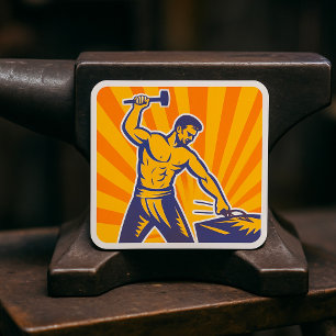 Pegatina Cuadrada El herrero Hammering Retro Strongman Labor