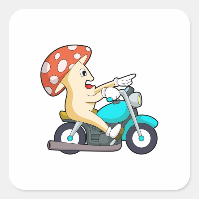 Pegatina Cuadrada El hongo como ciclista con motocicleta (Anverso)