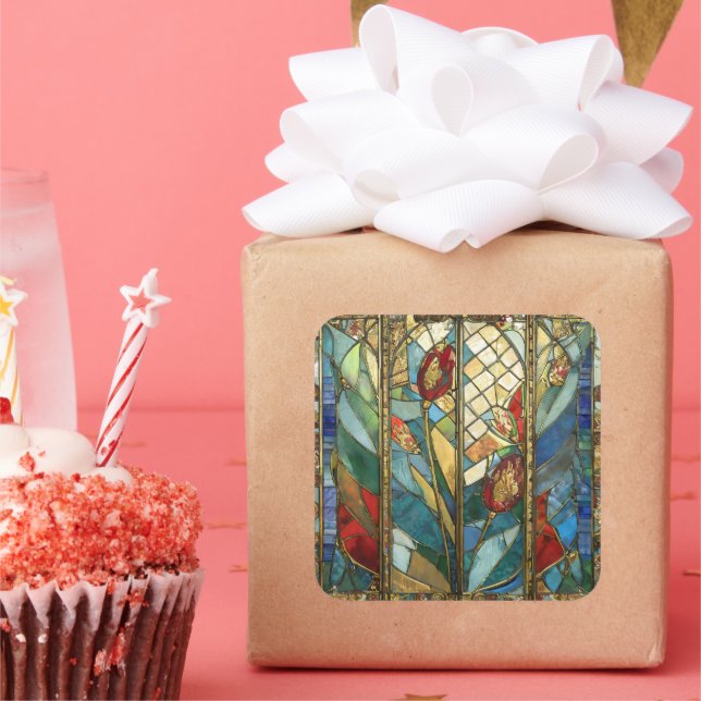 Pegatina Cuadrada El Jefe Rojo de Vidrio Manchado atiende al amanece (Fiesta)