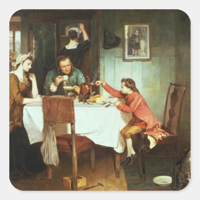 Pegatina Cuadrada El joven James Watt jugando con el vapor (Anverso)