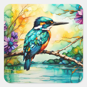 Pegatina Cuadrada El Kingfisher sobre el agua y las flores silvestre
